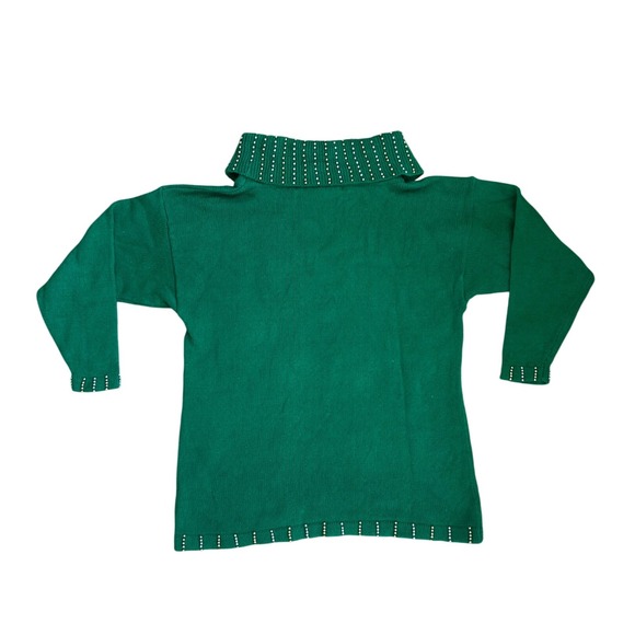 VTG beaded green ugly christmas sweater wide cowl neck ramie cotton L - Picture 3 of 8